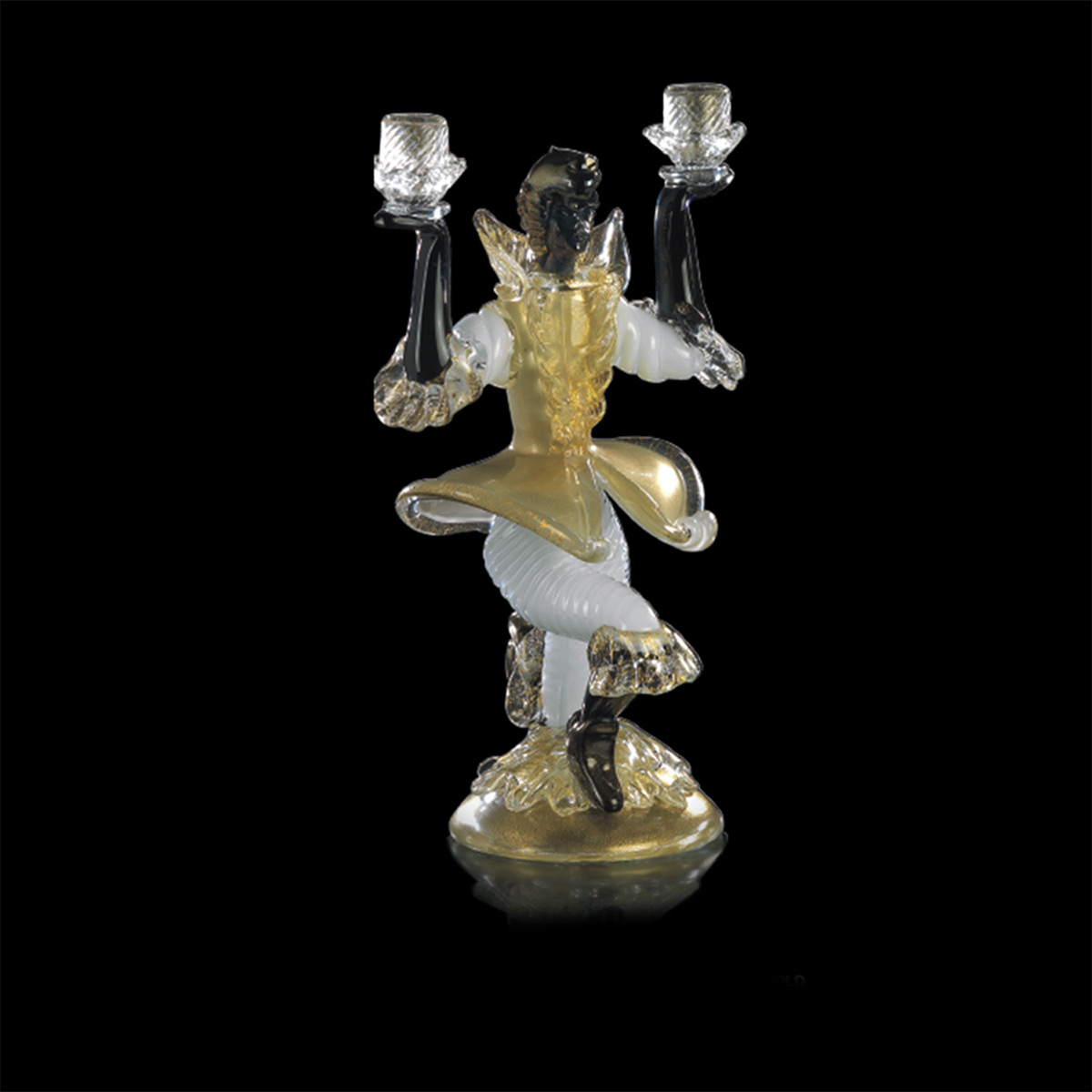 Candeliere Moro medio 2 fiamme in vetro di murano pagliesco e oro H.35cm
