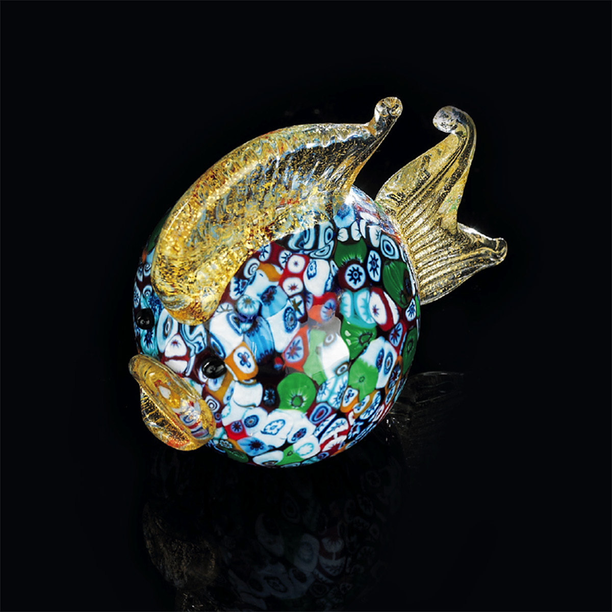 Pesce palla piccolo in vetro di murano murrine e oro H.9cm – L.10cm