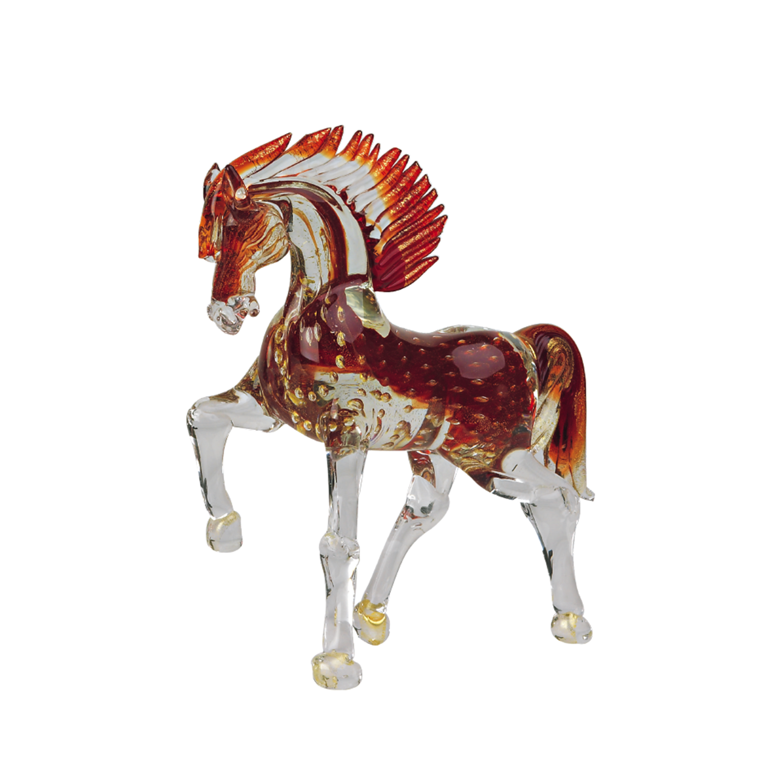 Cavallo piccolo con bolle al trotto in vetro di murano cristallo rosso e oro H.19cm – L.18cm