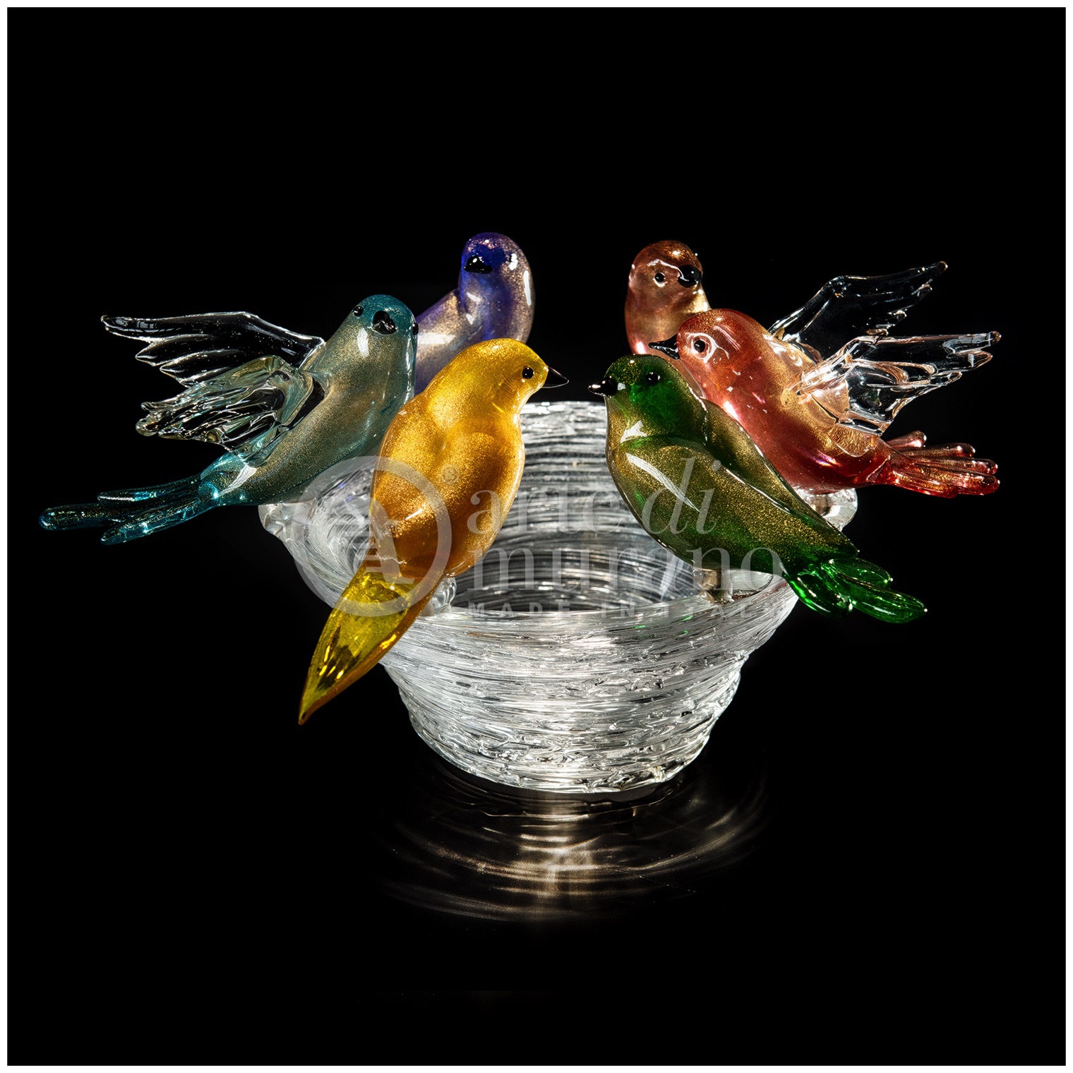 Cestino in vetro di murano cristallo con 12 uccelli multicolor e oro. Diametro 55cm-H.23cm
