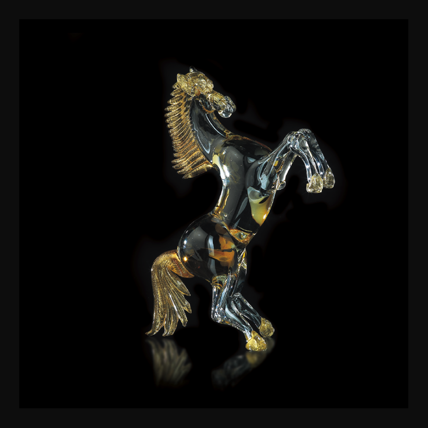 Cavallo piccolo in vetro di murano cristallo oro nero ambra in piedi H.23cm
