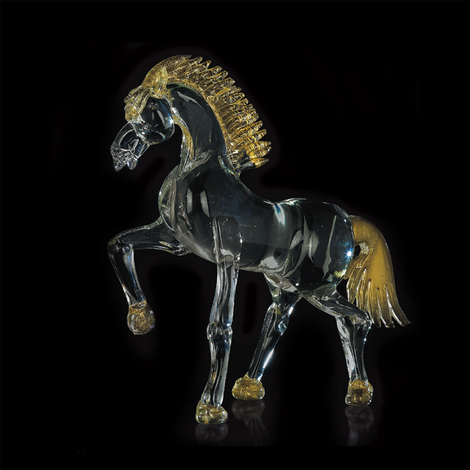 Cavallo piccolo in vetro di murano cristallo oro al trotto H.23cm
