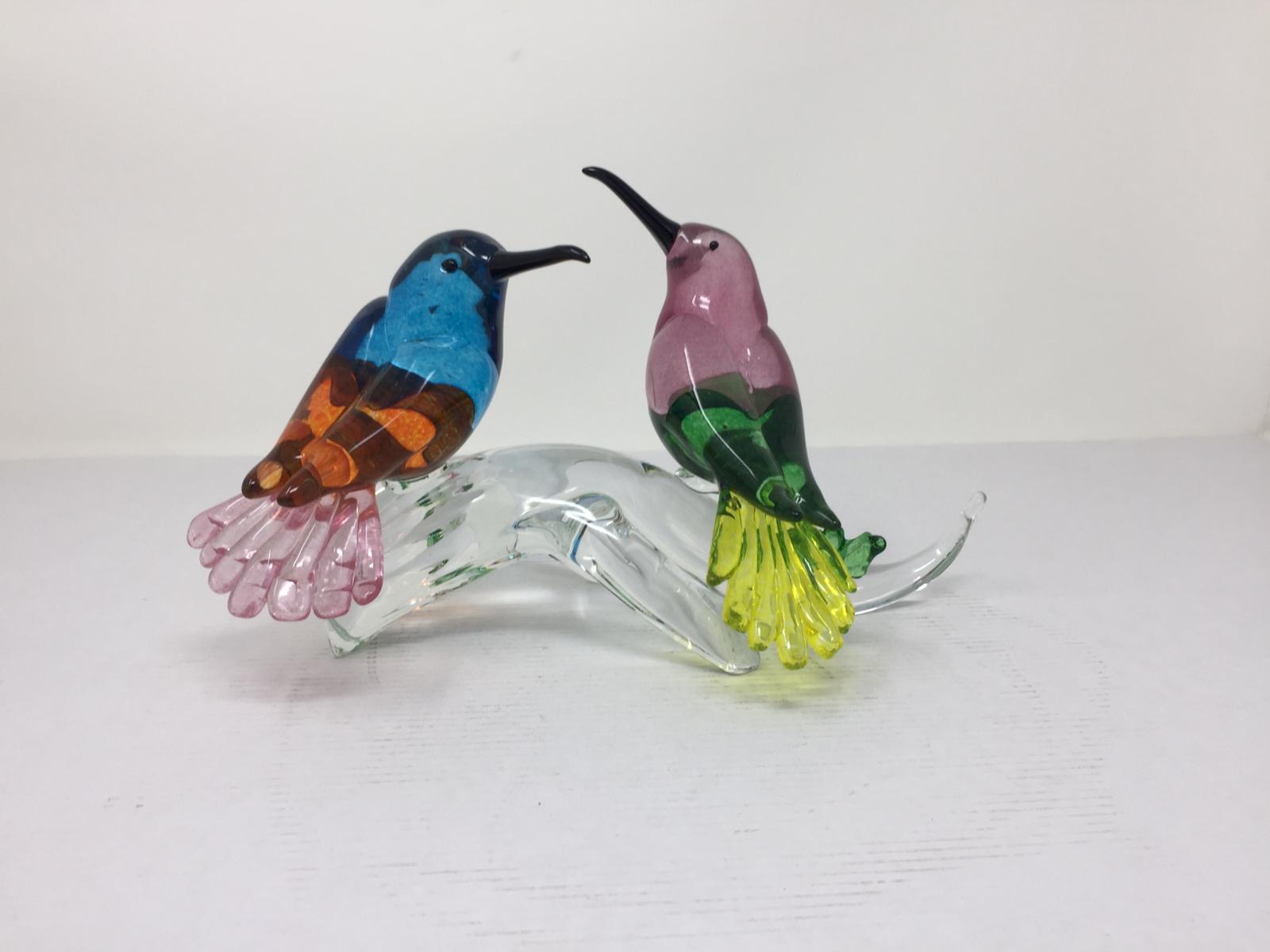 Ramo cristallo con 2 uccelli colorati in vetro di murano L.22cm – H.14cm