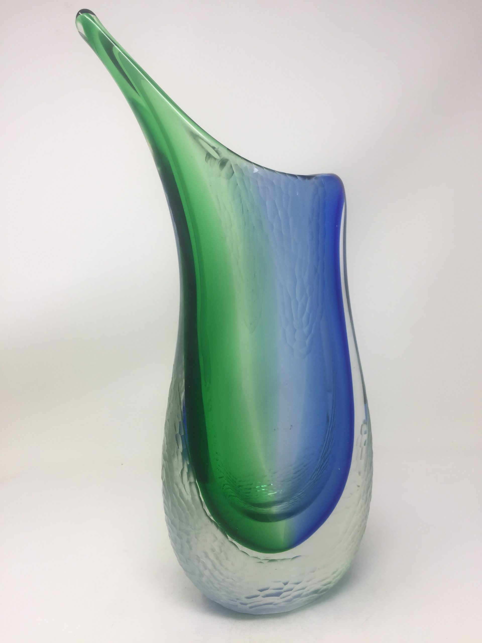 Vaso sommerso in vetro di murano blu e verde battuto H.40cm