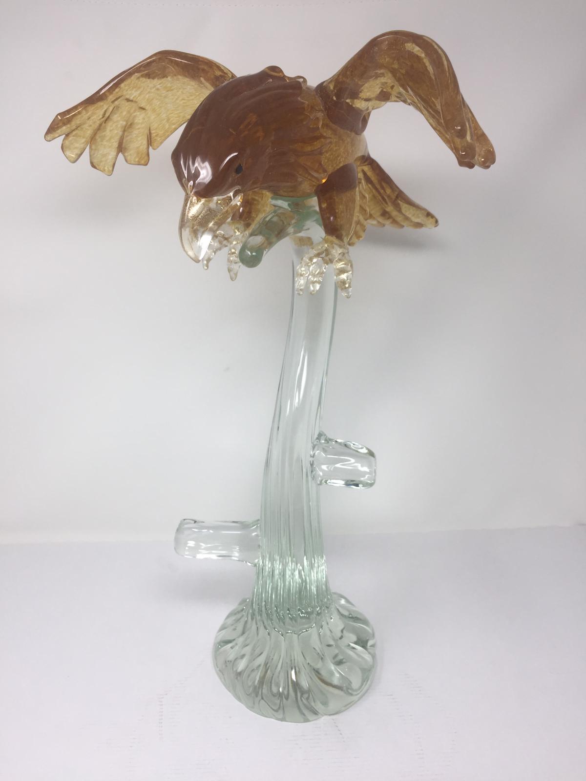Scultura Falco ambra su base cristallo in vetro di murano H.50cm – L.30x30cm