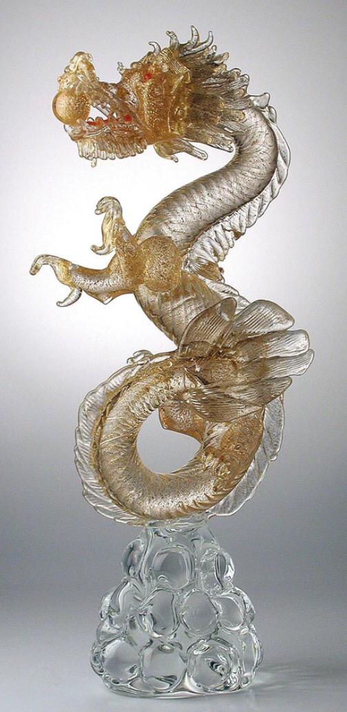 Scultura Drago tutto oro su base cristallo in vetro di murano H.85cm